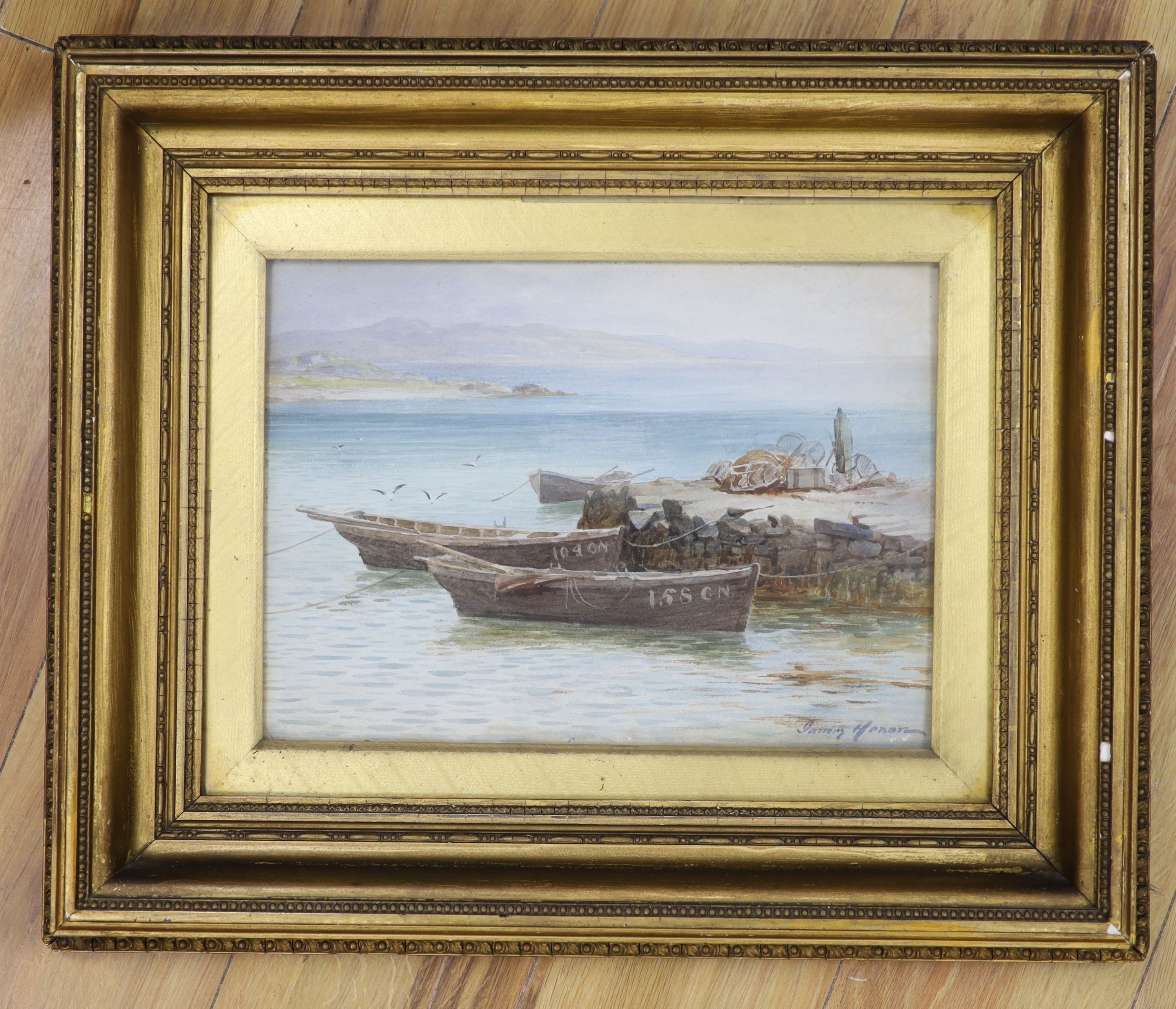 James Heron (1873-1919), watercolour, 'South Pier, Gigha, Kintyre', 27 x 37cm